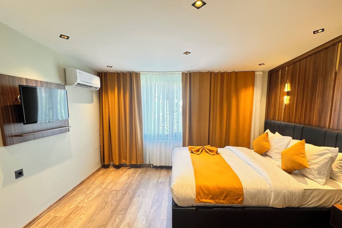 Une chambre d’hôtel avec un lit, un plancher en bois, un téléviseur fixé au mur et une fenêtre avec des rideaux.