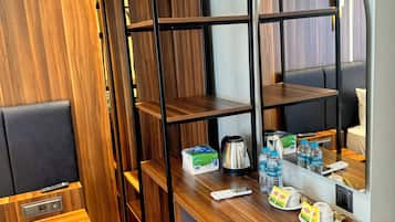 Minibar, desk, laptop workspace, blackout curtains