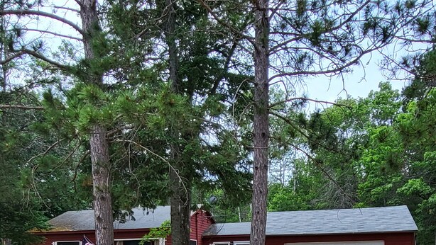A red single-story house with a garage, surrounded by trees and a dirt driveway.
