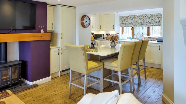 A compact living space with a kitchen, dining area, and a bed.
