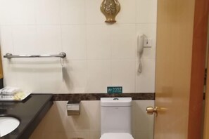 A bathroom with a toilet, a handrail, a sink, and a telephone.