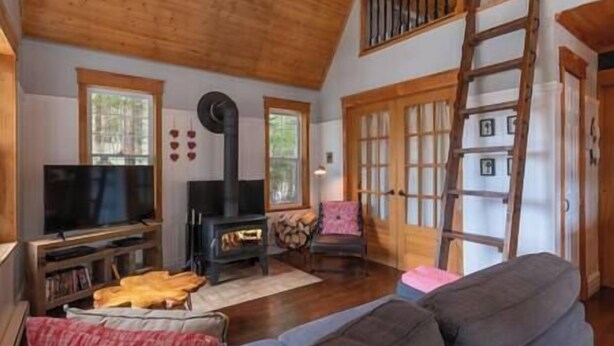 A cozy living room with a fireplace, a television, and a bookshelf. - Charlevoix -  Chalet Le Cormier (Saint-Aimé-des-Lacs)