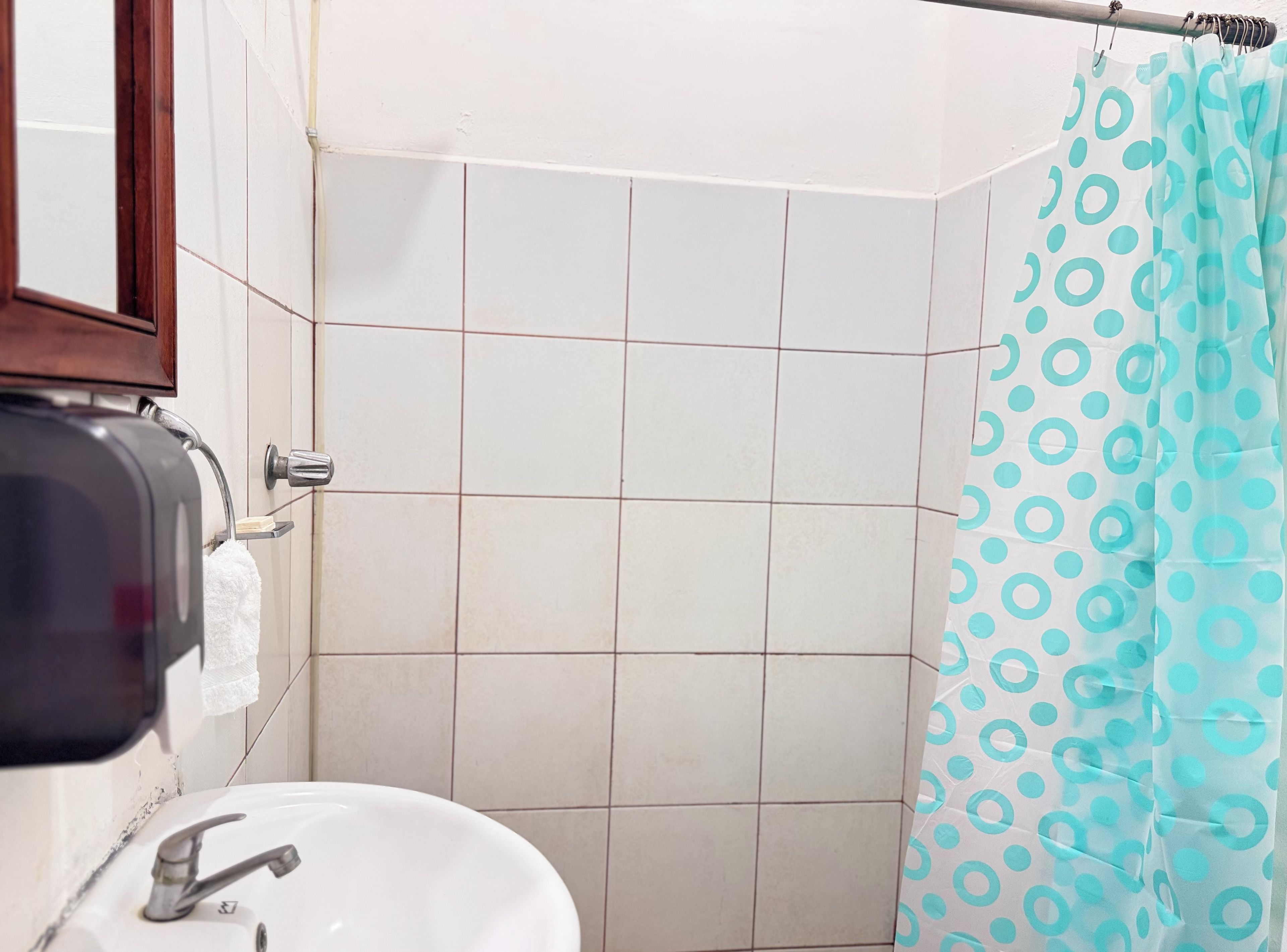 A bathroom with a white sink, a mirror, a towel dispenser, and a shower curtain with a polka dot pattern.