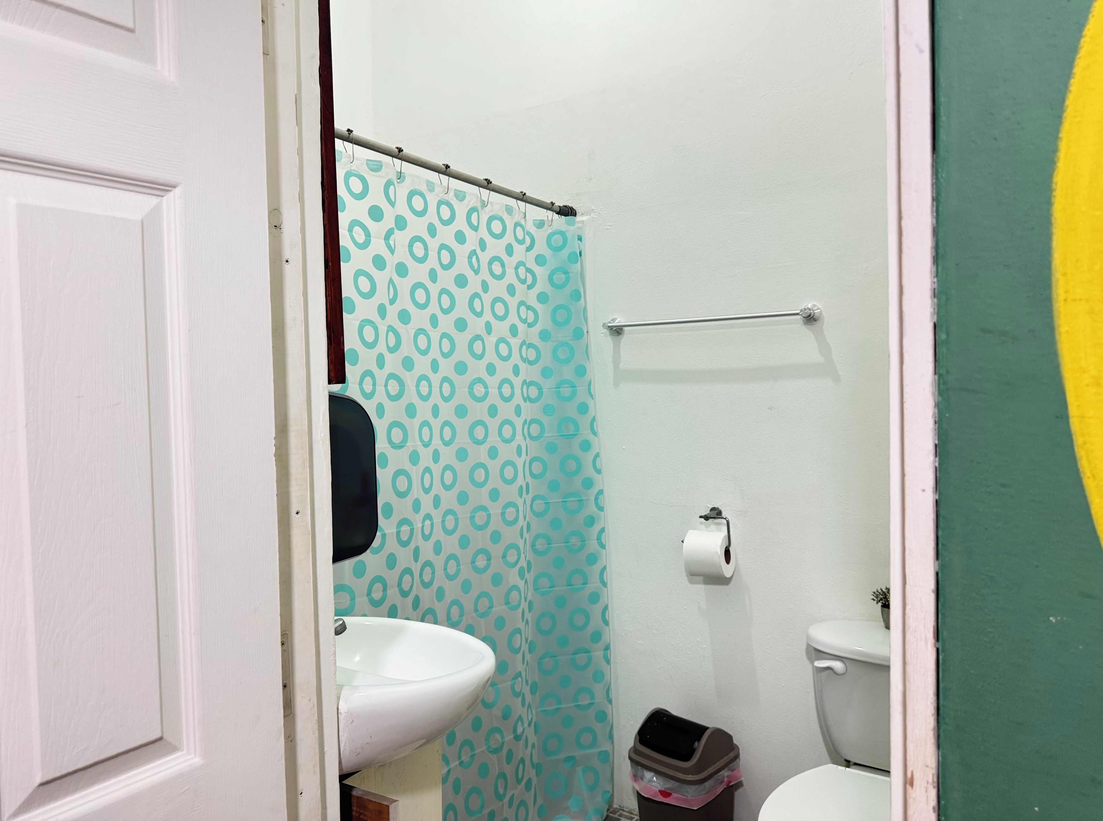 Une salle de bain avec un lavabo blanc, des toilettes, un rideau de douche à motifs à pois et un porte-serviettes.