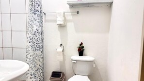 Een badkamer met een toilet, een klein prullenbakje, een rol toiletpapier en een potplant op het toilet.