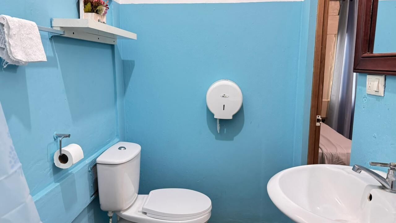 Een badkamer met een toilet, een wastafel en een zeepdispenser aan de muur.
