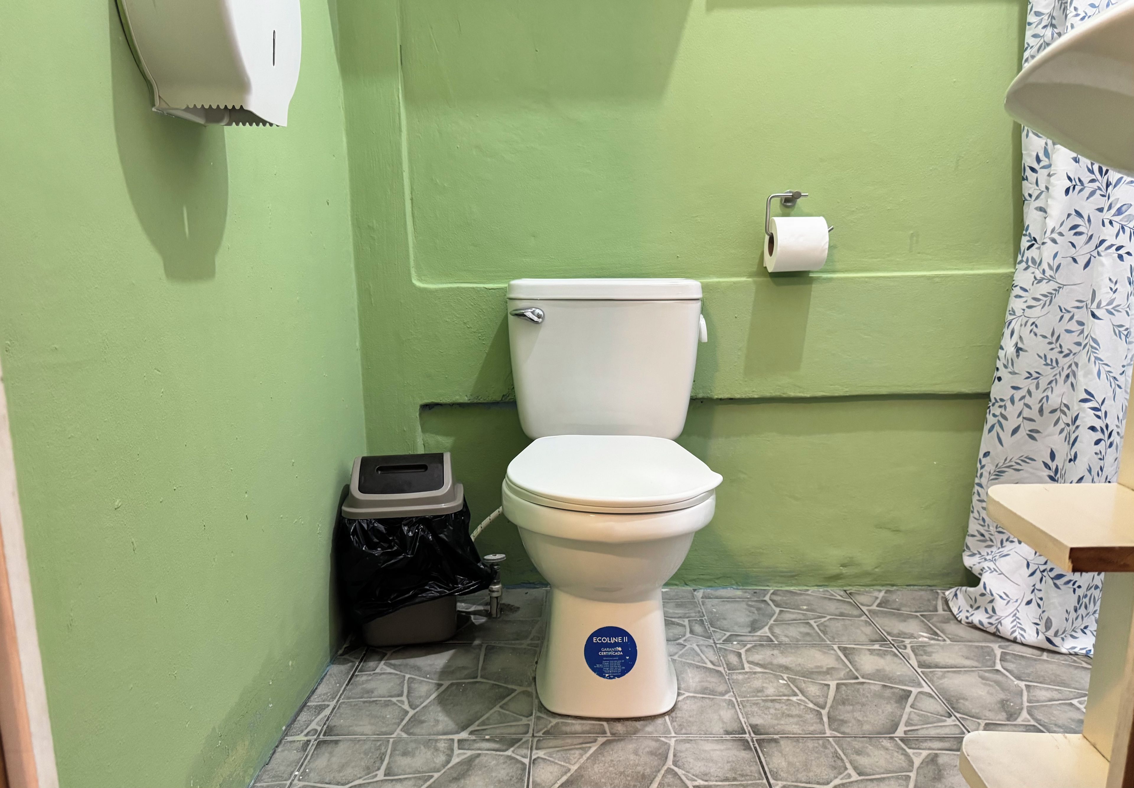 A toilet with a blue certification label, a trash bin, and a toilet paper holder on a green wall.