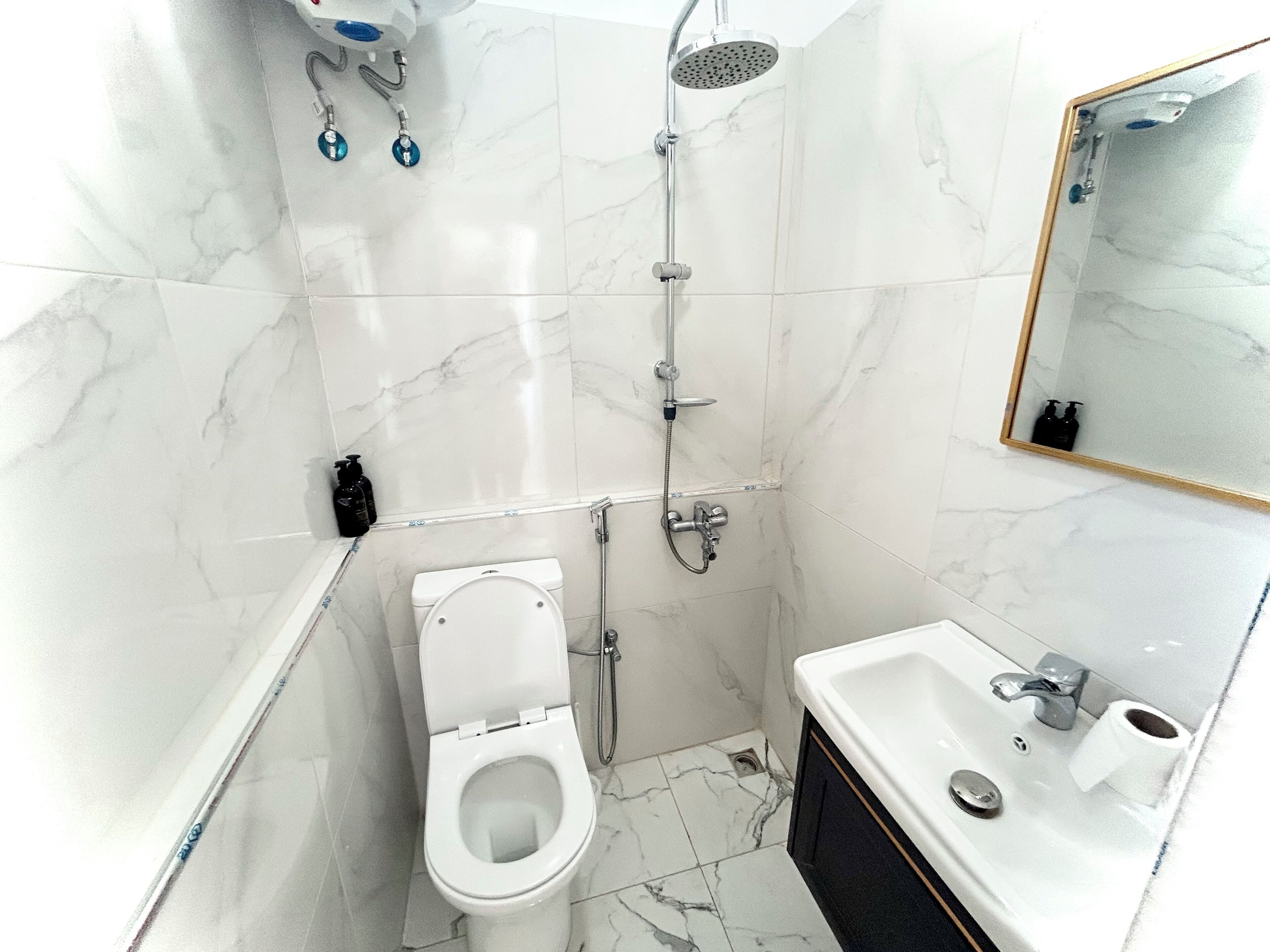 Ein Badezimmer mit Toilette, Dusche und Waschbecken.