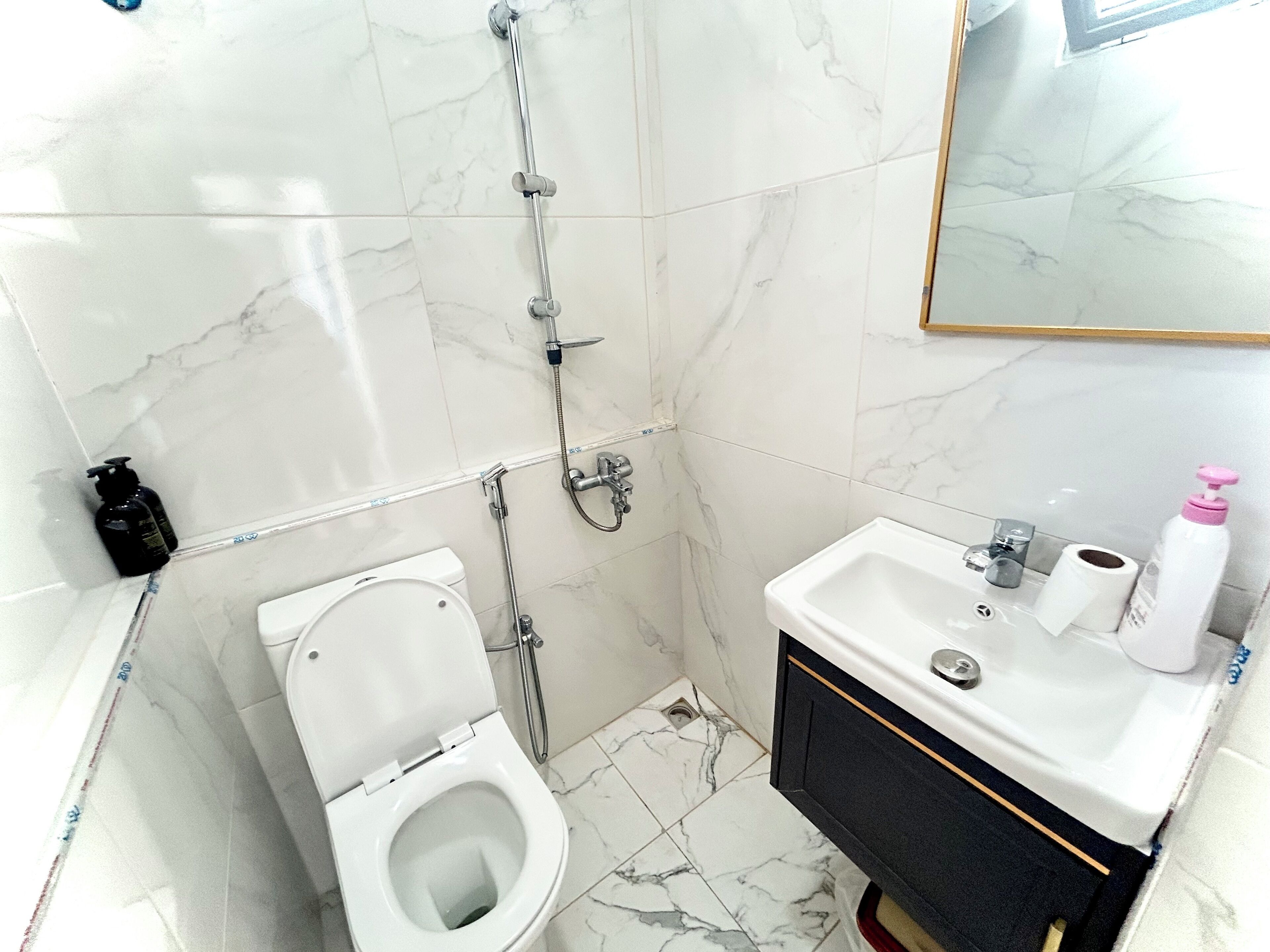 Un baño con inodoro, ducha y lavabo.