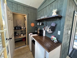 Fridge, microwave, coffee/tea maker, toaster