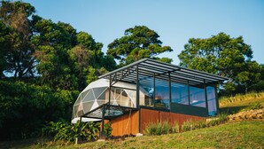 Una moderna estructura en forma de domo geodésico con grandes ventanales, rodeada de exuberante vegetación y árboles.