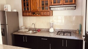 Eine Küche mit Holdelementen, einer Granitarbeitsplatte, einem Edelstahlkühlschrank, einer Spüle, einem Mixer und einem Gasherd.