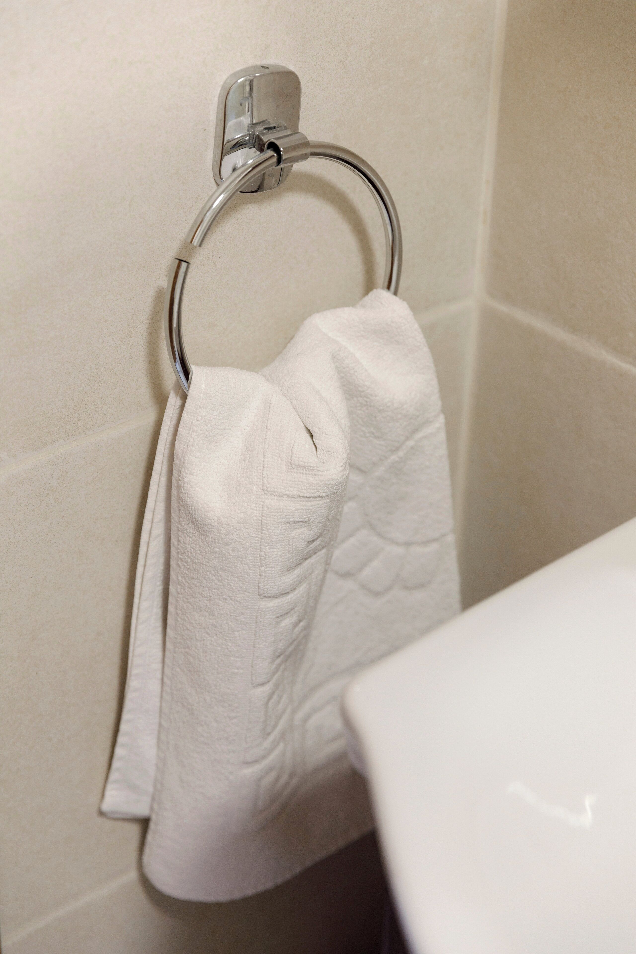 A bathroom with a white towel hanging on a chrome towel ring.