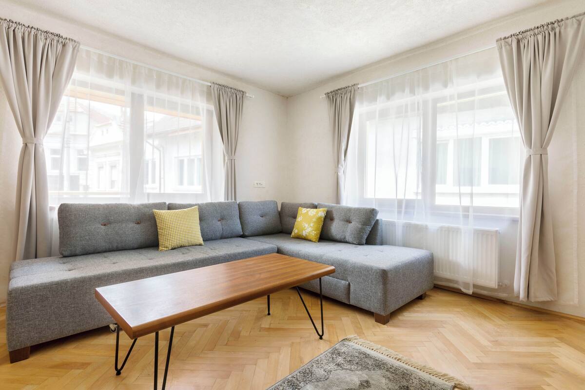 Una sala de estar moderna con un sofá seccional gris, una mesa de centro de madera y un tapete estampado.