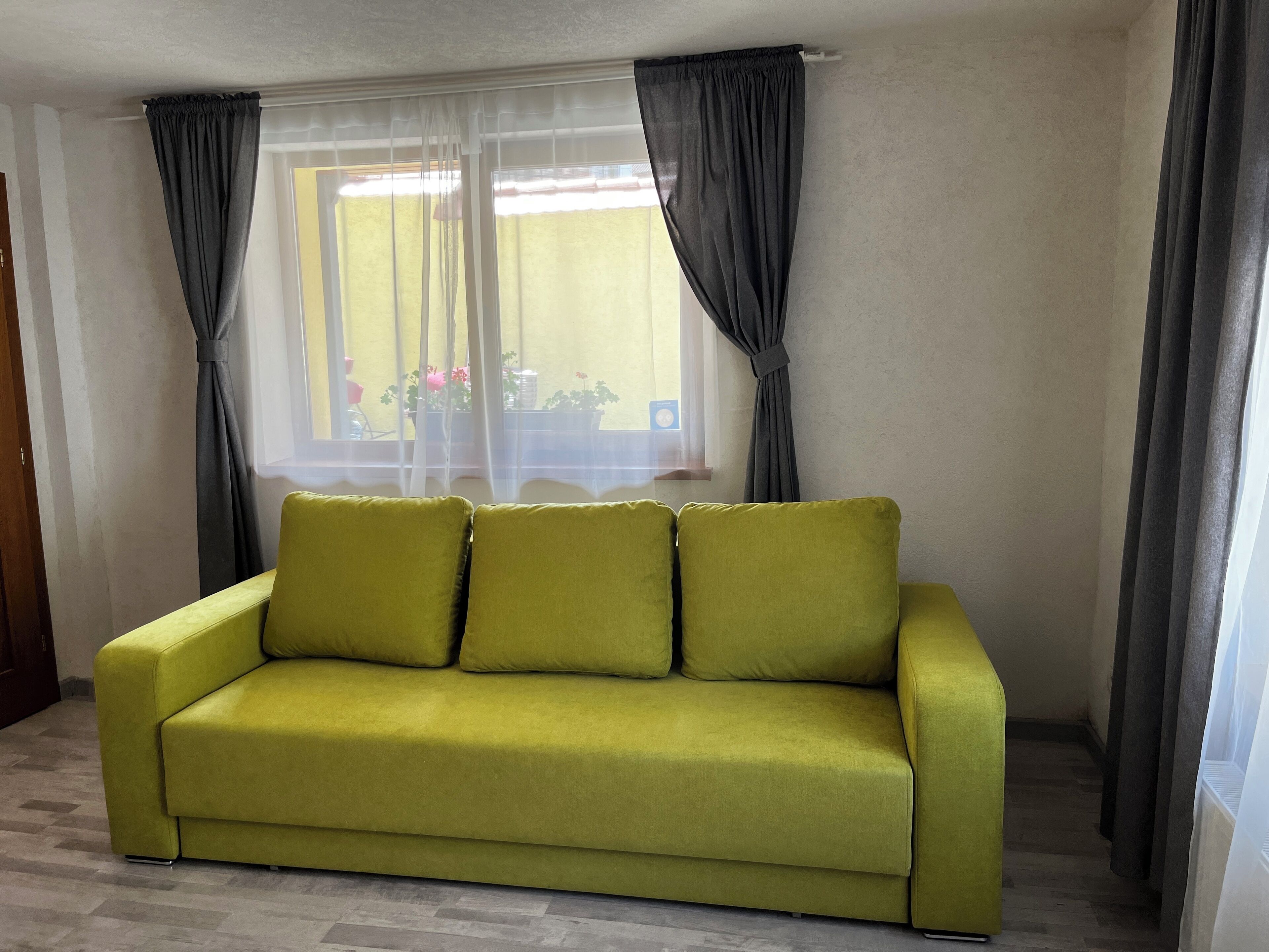 A room with a green sofa, a window with sheer curtains, and a view of potted plants outside.