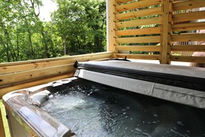 Un jacuzzi con un muelle de madera y vista a un bosque.