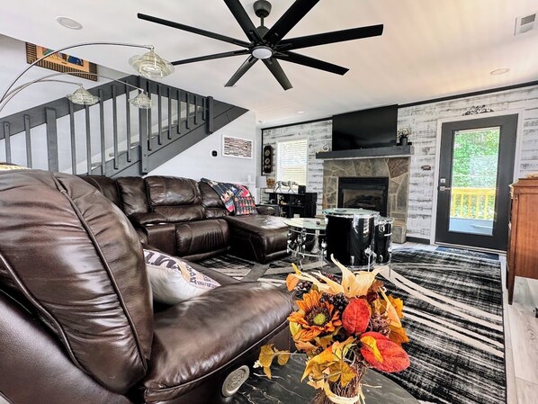 Smart TV, fireplace, video games, music library