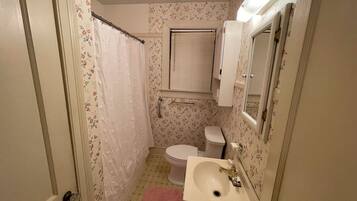 Hair dryer, towels, soap, shampoo