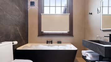 A modern bathroom with a freestanding bathtub, a toilet, and a vanity with a mirror.