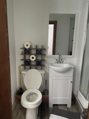 A small bathroom with a toilet, sink, and mirror. There are toilet paper rolls on a rack above the toilet. - Nana’s Bunkhouse is a small little efficiency located in Houston, MO.  (Houston)
