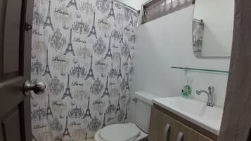 A bathroom with a shower curtain featuring the Eiffel Tower and chandeliers, a toilet, a sink with a glass shelf, and a mirror.