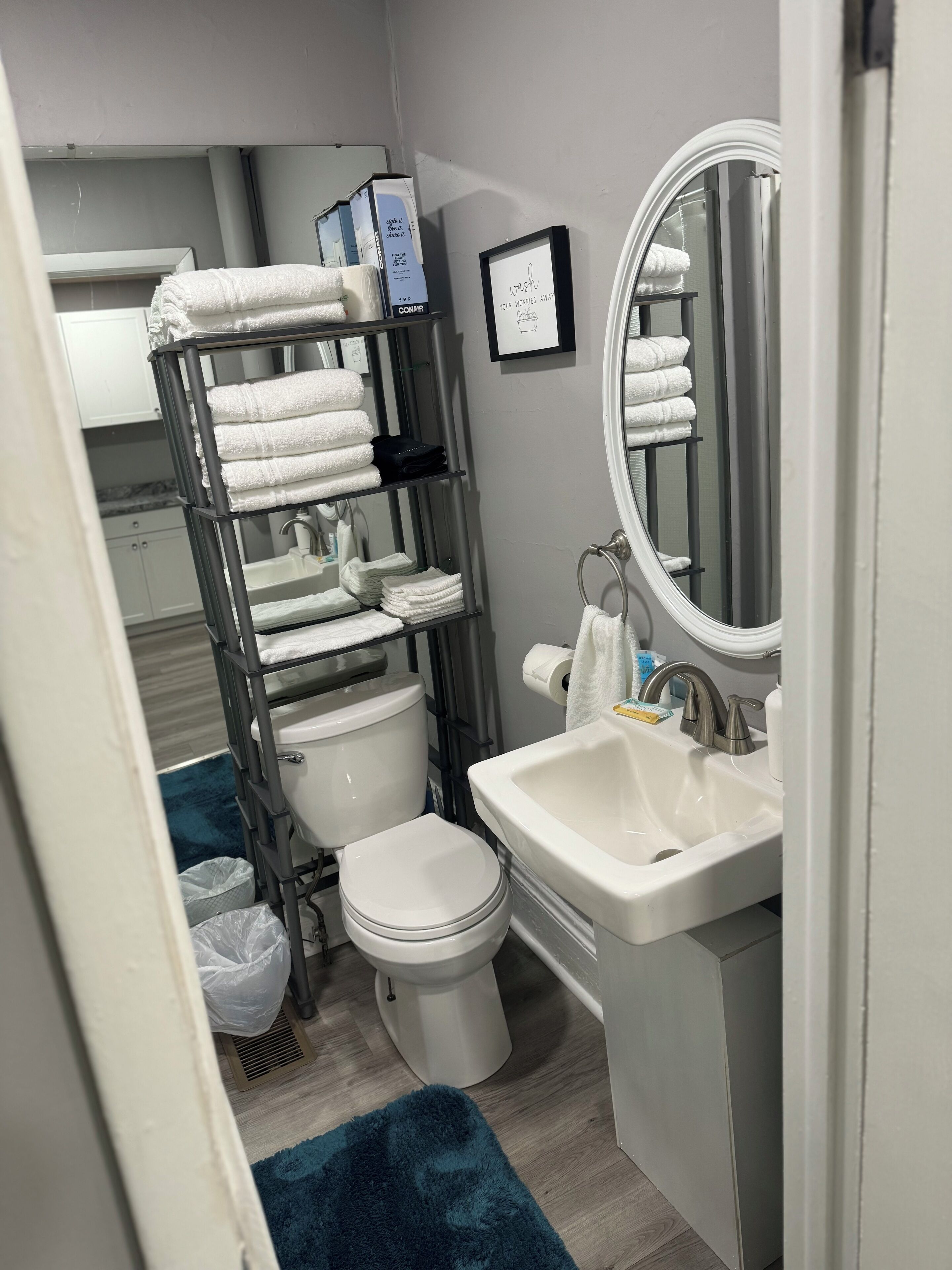 Hair dryer, towels, soap, shampoo