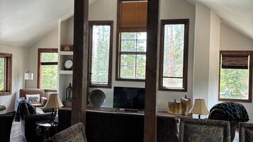 Smart TV, fireplace, foosball