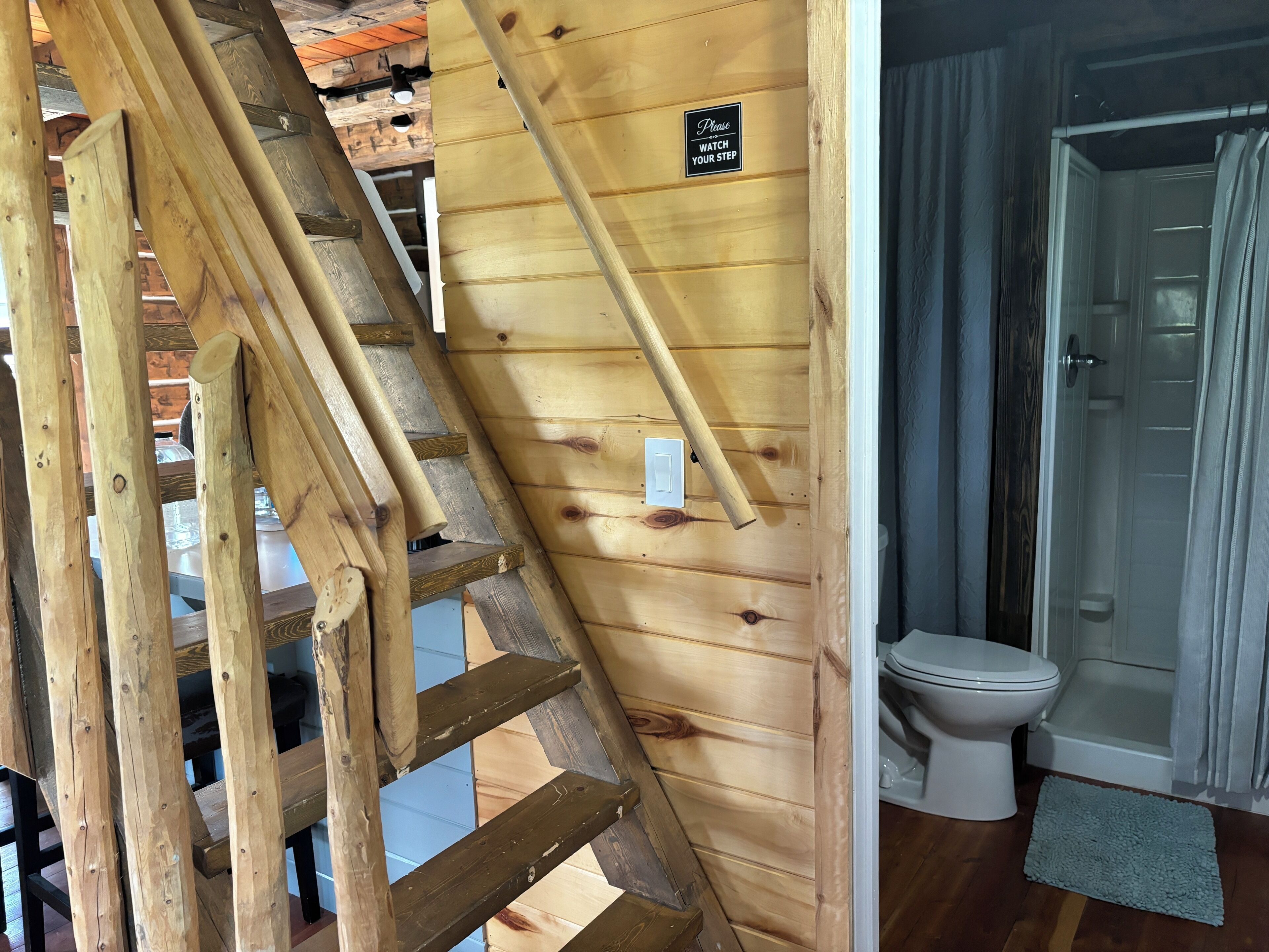 Steep stairs to 2nd floor. Handrails on both sides