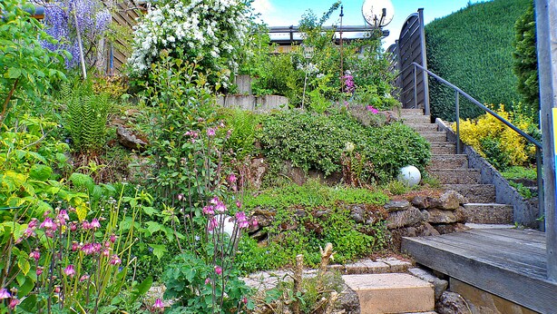 A garden with a stone staircase leading up to a wooden deck. - Grill, Überdachte Terrasse, Sonnenschirm, 2 Einzelbetten, 2xtv, Küche, Ww-knoten (Greifenstein)