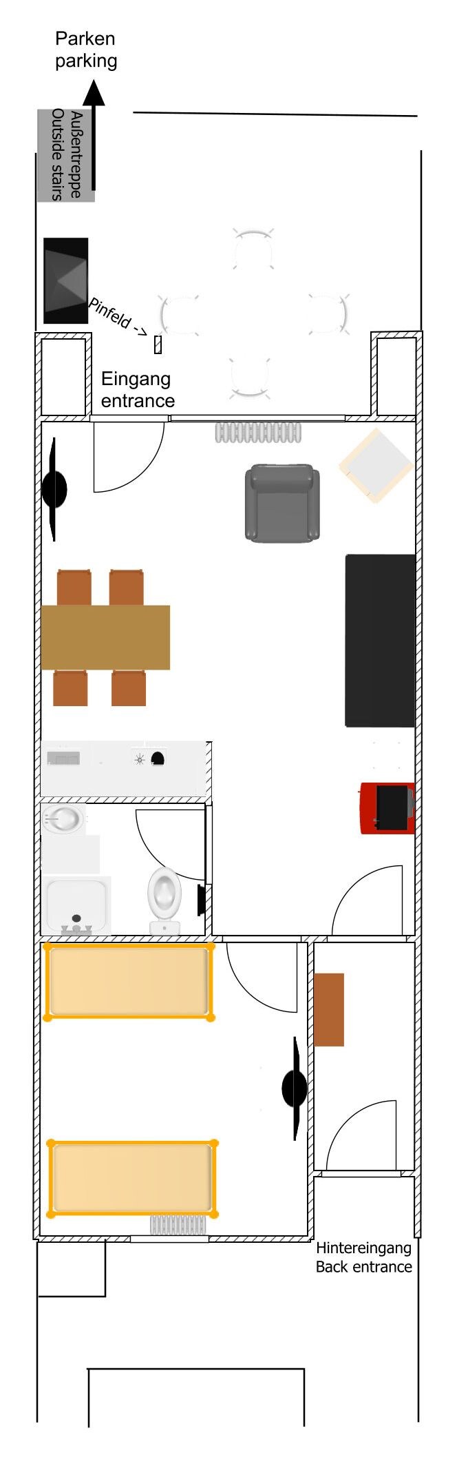 A hotel room layout with an entrance, parking, and a back entrance.