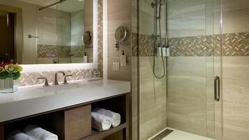 Hair dryer, towels, soap, shampoo