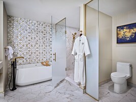 Hair dryer, bathrobes, slippers, towels