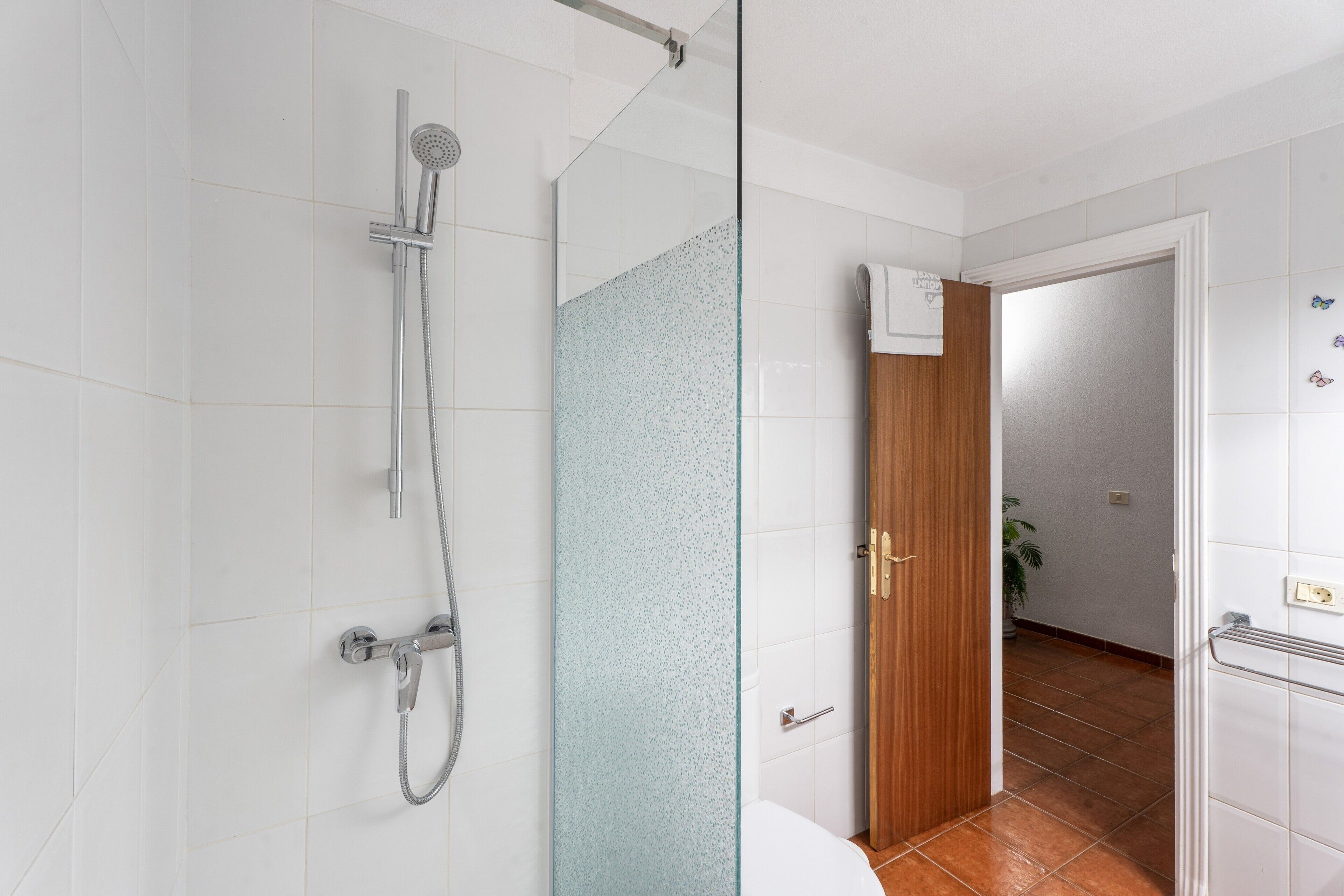 A bathroom with a glass shower enclosure, a white toilet, and a wooden door leading to another room.