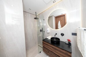 Hair dryer, towels, soap, shampoo