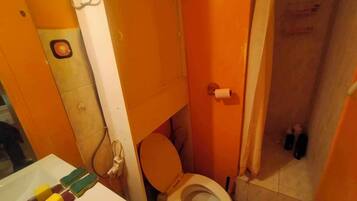 Shower, hair dryer, towels, toilet paper