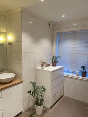 Shower, hair dryer, towels, toilet paper