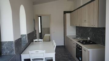Fridge, oven, coffee/tea maker, cookware/dishes/utensils