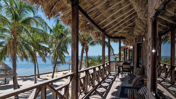A wooden deck with thatched roof, wooden railings, and benches overlooking a beach with palm trees and the ocean. - Villas De Isla Bonita - B3 (San Pedro)