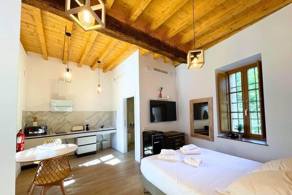 A modern hotel room with a wooden ceiling, a large bed, a TV, a small kitchen area, and a window with a view of greenery.