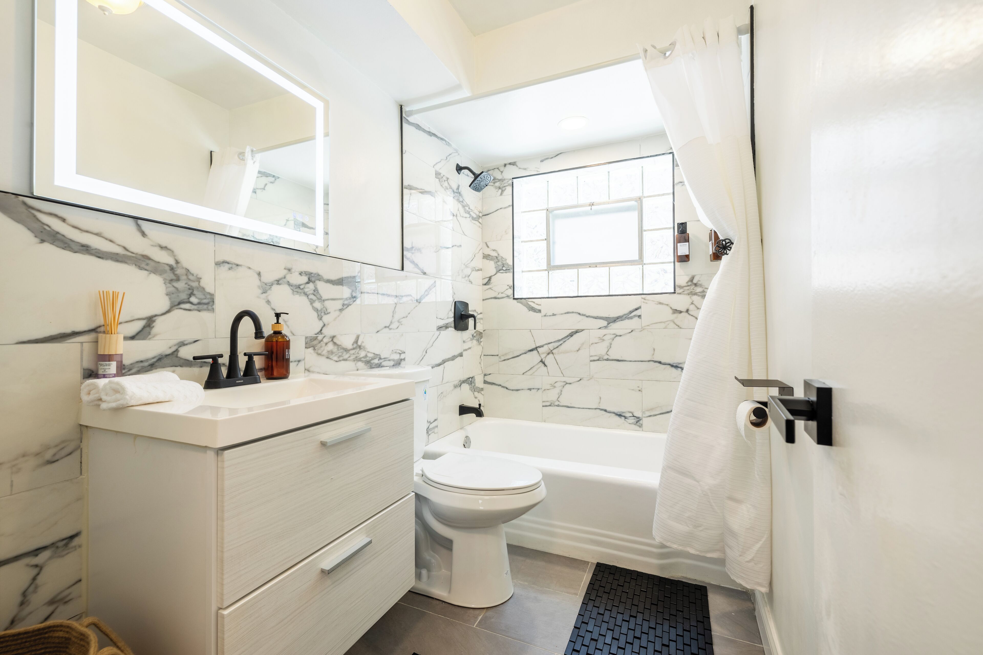Hair dryer, bidet, towels, soap
