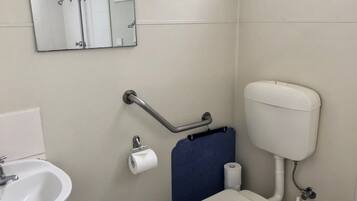Ein Badezimmer mit einem weißen Waschbecken, einer Toilette mit blauer Rückenlehne und einer Haltestange.