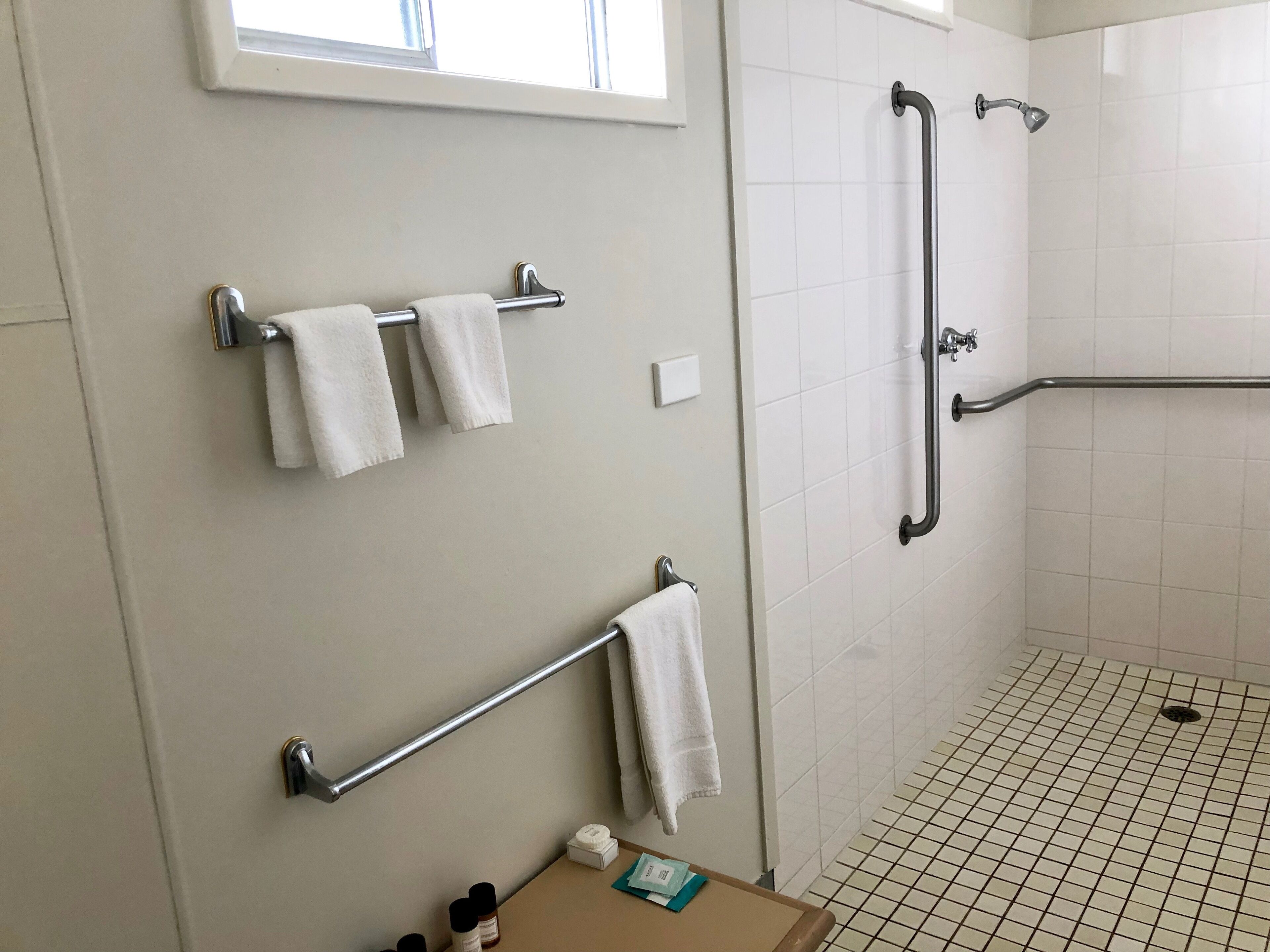 Ein Badezimmer mit Dusche, Haltegriffen und Handtuchhaltern.