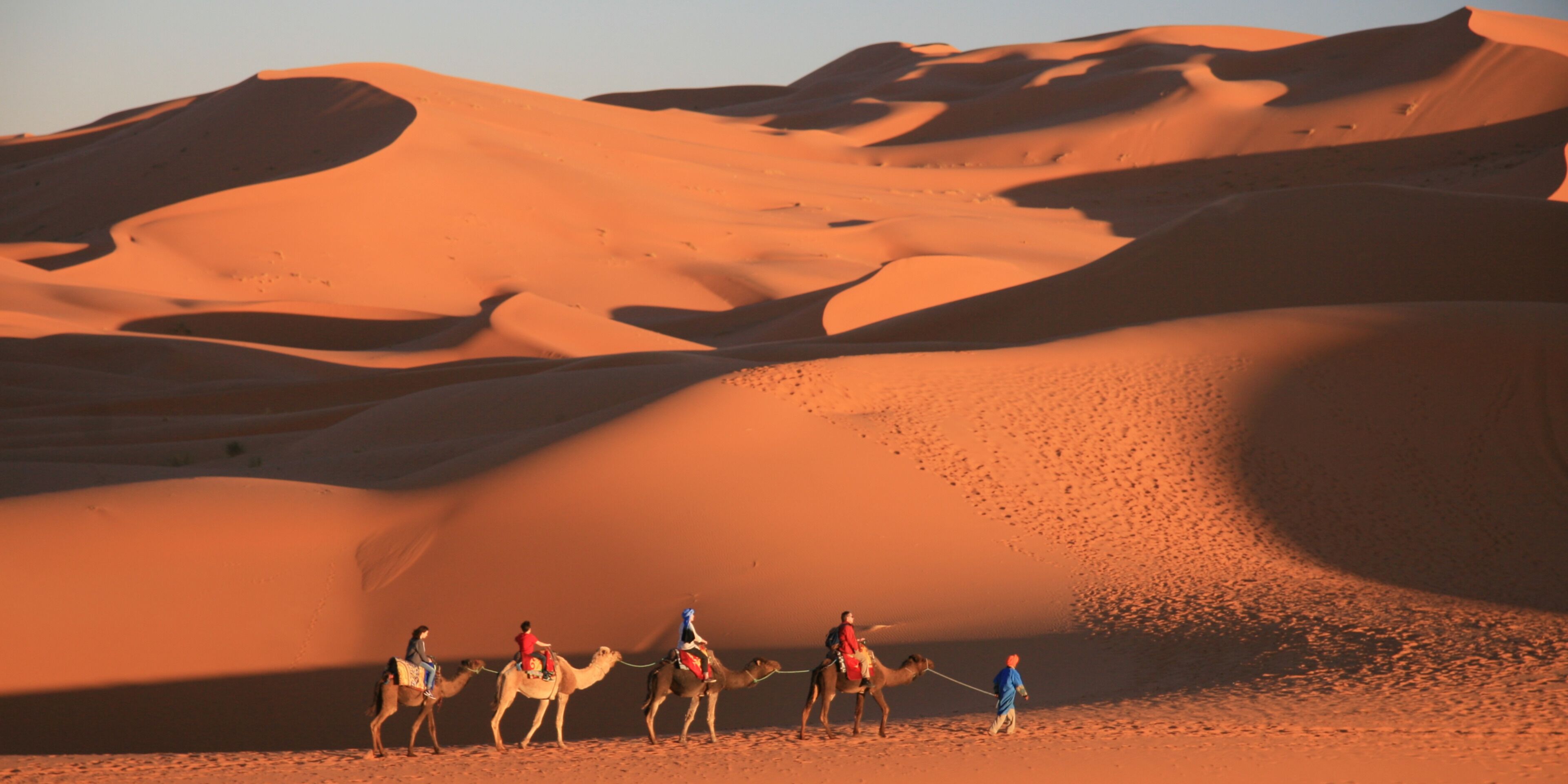 A desert landscape with sand dunes and camels.