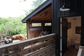 A rustic cabin with a wooden exterior, a visible bathroom, and a fenced area with animals.