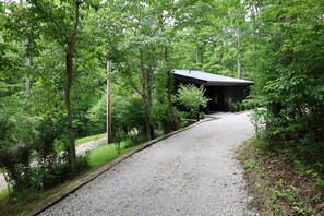 A gravel path leading to a building surrounded by dense green foliage.