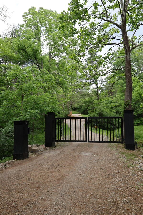 Un sendero de grava conduce a una entrada con puerta, rodeada de abundante follaje verde.