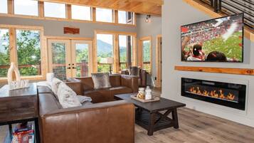 Smart TV, fireplace, foosball