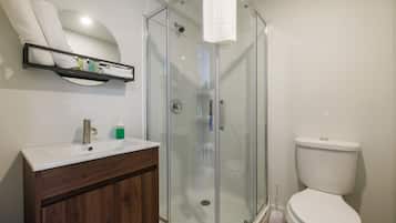 Ein Badezimmer mit einer Duschkabine aus Glas, einem weißen Waschbecken mit Holzschrank und einer Toilette.