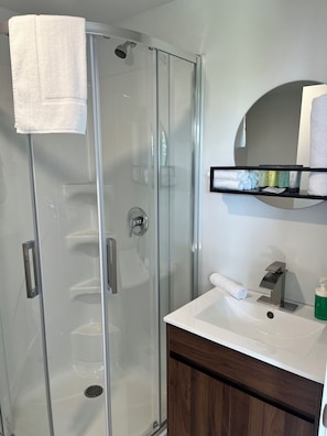 A modern bathroom with a glass shower enclosure, a white sink, and a wooden vanity.