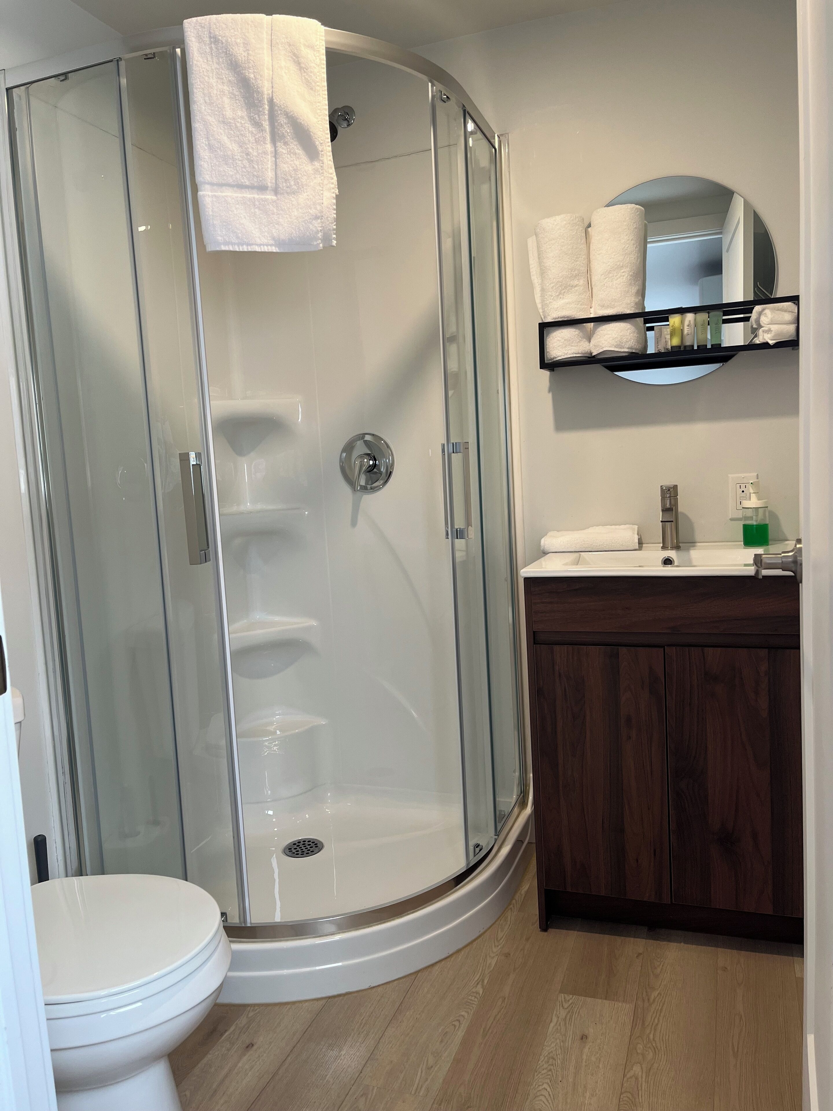 Een badkamer met een douchecabine van glas, een toilet, een wastafel met spiegel en een plank met toiletartikelen.